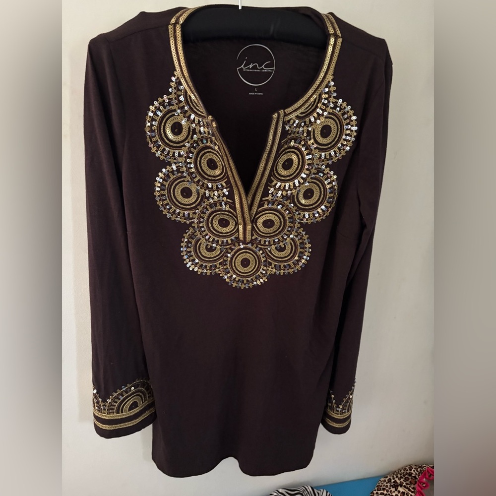 INC Brown & gold tunic top size L